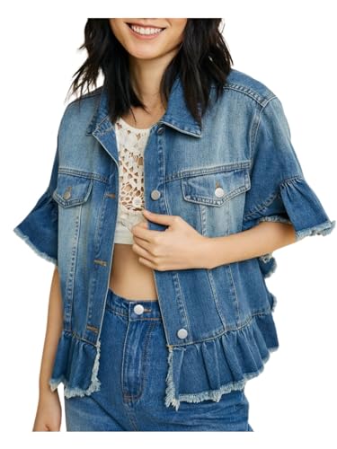 MEER. COLLAR RUFFLES DENIM JACKET (ブルー) RuffleButts Toddler Girls Stretch Denim Ruffle Jacket
